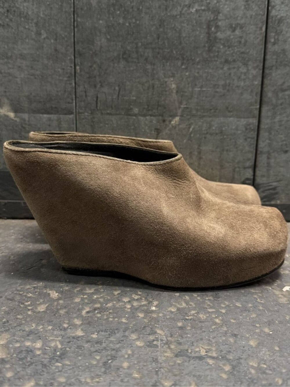 RICK OWENS LIGHT BROWN SUEDE LEATHER WEDGE HEEL MULES SHOES